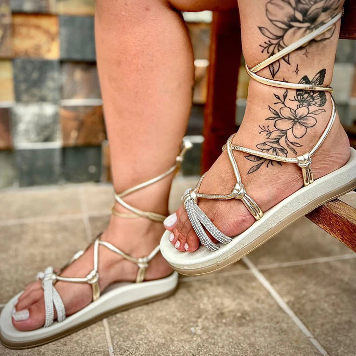 Papete Feminina Sandália Birken Tira Strass Brilho de Amarrar
