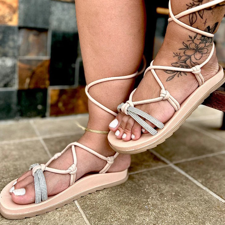 Papete Feminina Sandália Birken Tira Strass Brilho de Amarrar